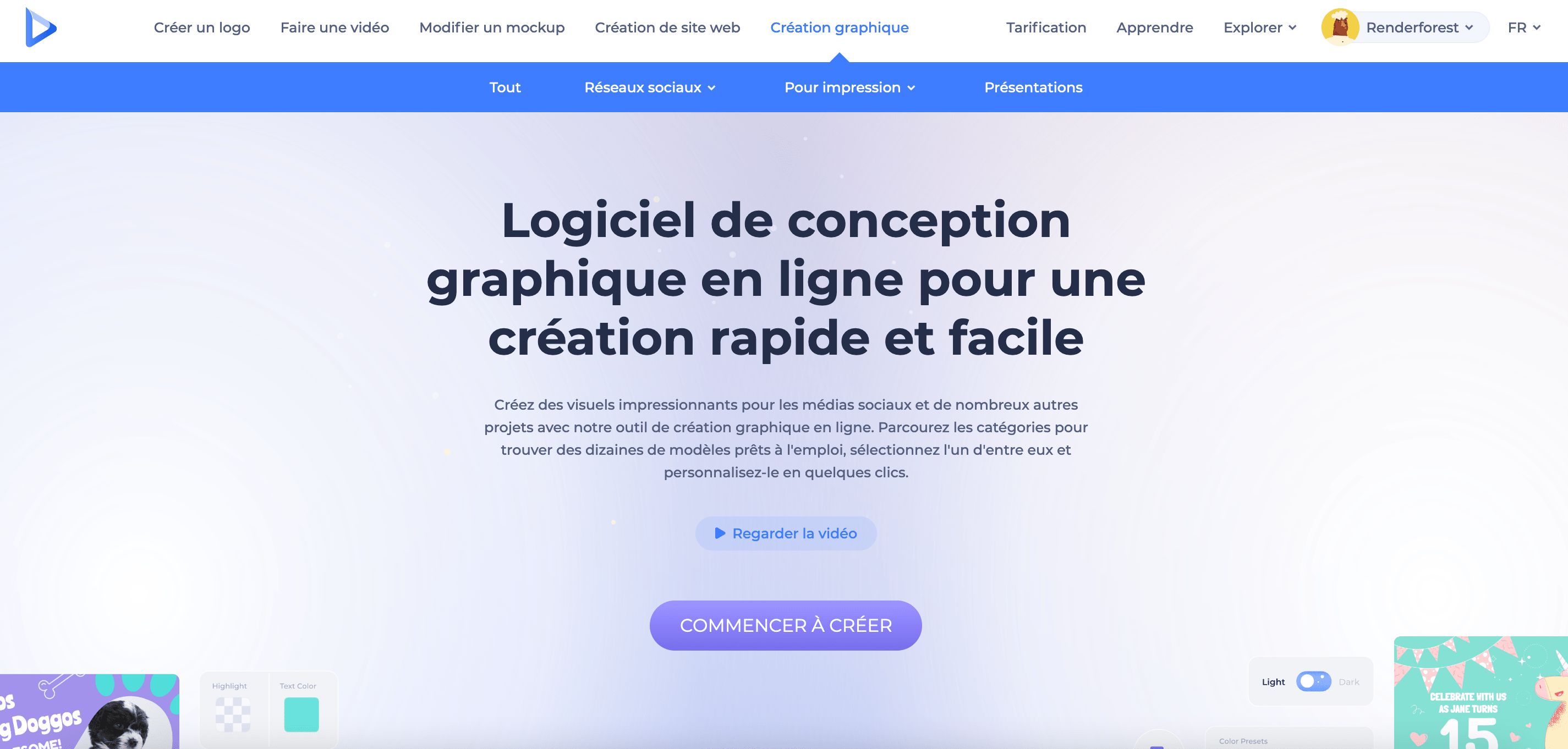 page de destination de l'outil de création graphique de Renderforest