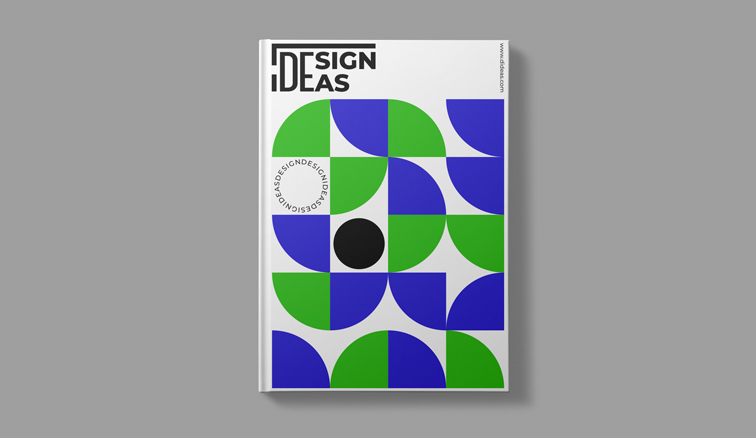 Revista vertical de tapa dura sobre un fondo gris