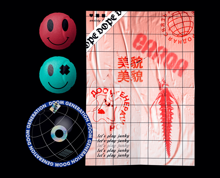 Folleto retro con un CD de videojuegos y pelotitas sonrientes