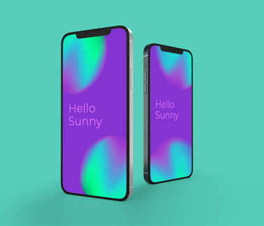 Dos modelos de iPhone 12 sobre un fondo verde