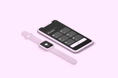 Apple Watch et un iPhone sur une surface rose