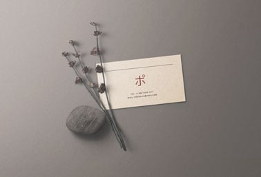 Tarjeta de visita junto a una piedra y plantas secas