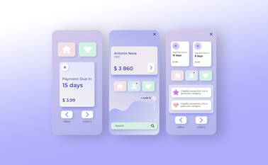 Tres diseños de app neumórficos sobre una superficie de color pastel