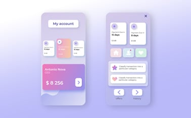 Dos diseños de app neumórficos sobre una superficie de color pastel