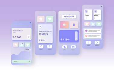 Cuatro diseños de app neumórficos sobre una superficie de color pastel