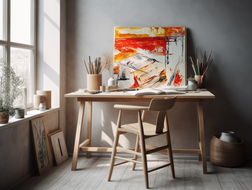 Bureau en bois dans un atelier d'artiste