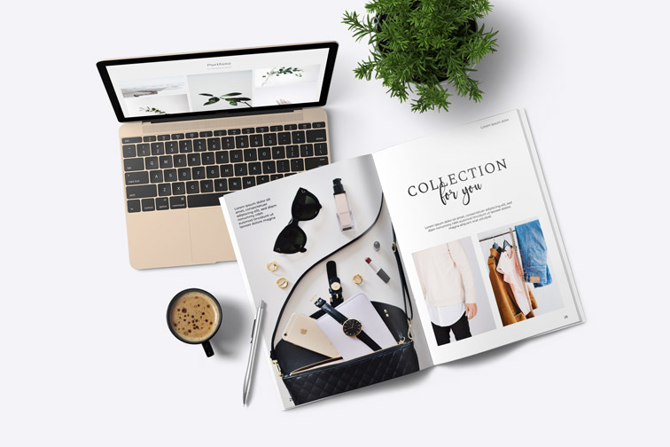 ラップトップパソコンと雑誌