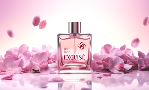 Flacon de parfum entouré de fleurs