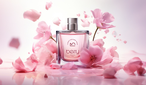 Flacon de parfum entouré de fleurs
