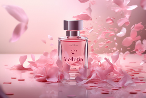 Flacon de parfum avec pétales de fleurs