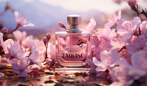 Flacon de parfum dans un jardin de printemps