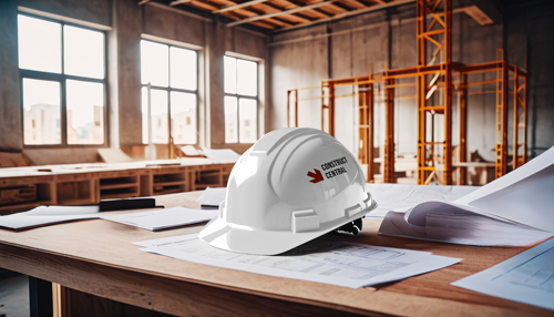 Строительная каска со стопками бумаги