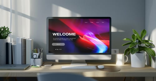 iMac с офисными принадлежностями, вид спереди