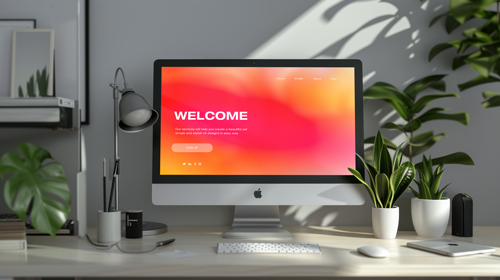 iMac рядом с растениями на офисном столе