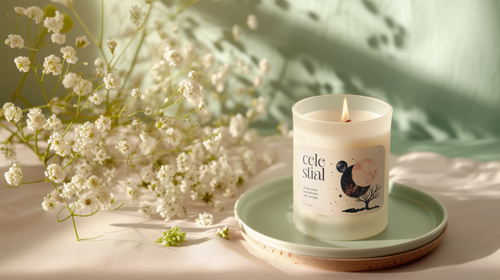 Duftkerze im Glas neben weißen Blumen