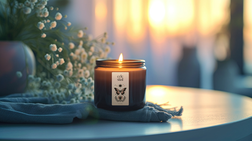 Kerzenglas mit Blumenvase im Hintergrund