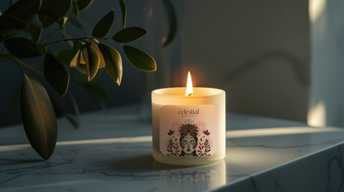 Keramik-Kerzengefäß neben Pflanzenblättern