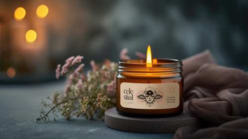 Kerzenglas auf unscharfer Blumenszene