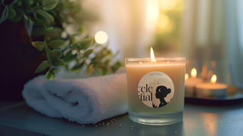 Glasduftkerze neben Spa-Dekor