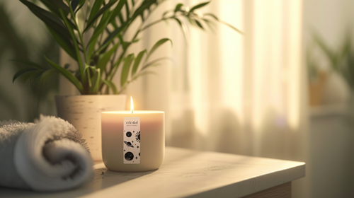 Kerzenglas und Dekorationen auf einem Holztisch