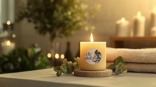 Duftkerzenglas inmitten des Spa-Interieurs