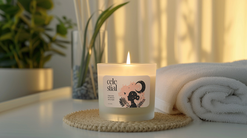 Duftkerzenglas neben Spa-Dekorationen