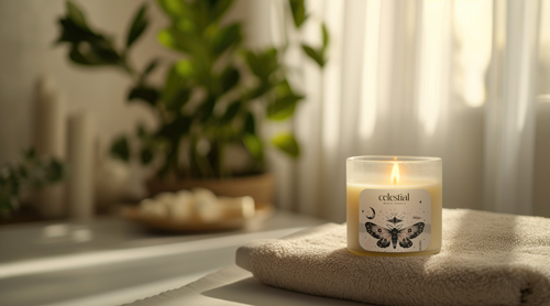 Bougie en verre sur un fond de spa flou