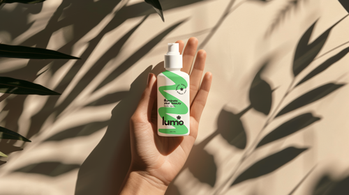 Botella cosmética colocada en una palma