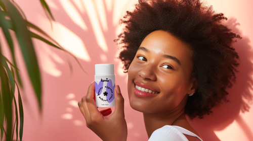 Mujer mostrando un envase cosmético