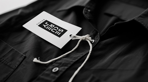 Etiqueta de Pendurar em uma Camisa Preta Vista Ampliada em Close-Up