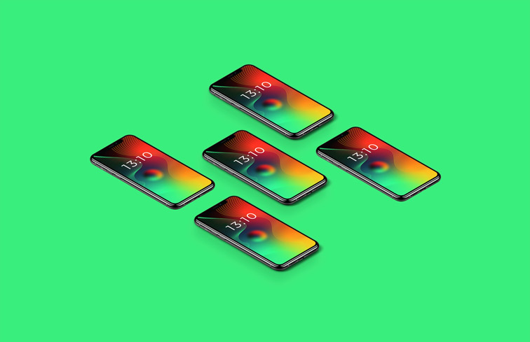 Rechtsseitige Ansicht von diagonal liegenden iPhones