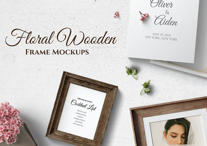 Mockups de Marcos de Madera junto a Flores