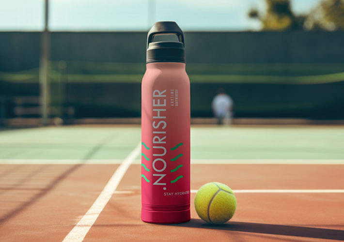 Mockups de termos en cancha de tenis