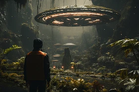 Hooded figure facing a jungle spacecraft