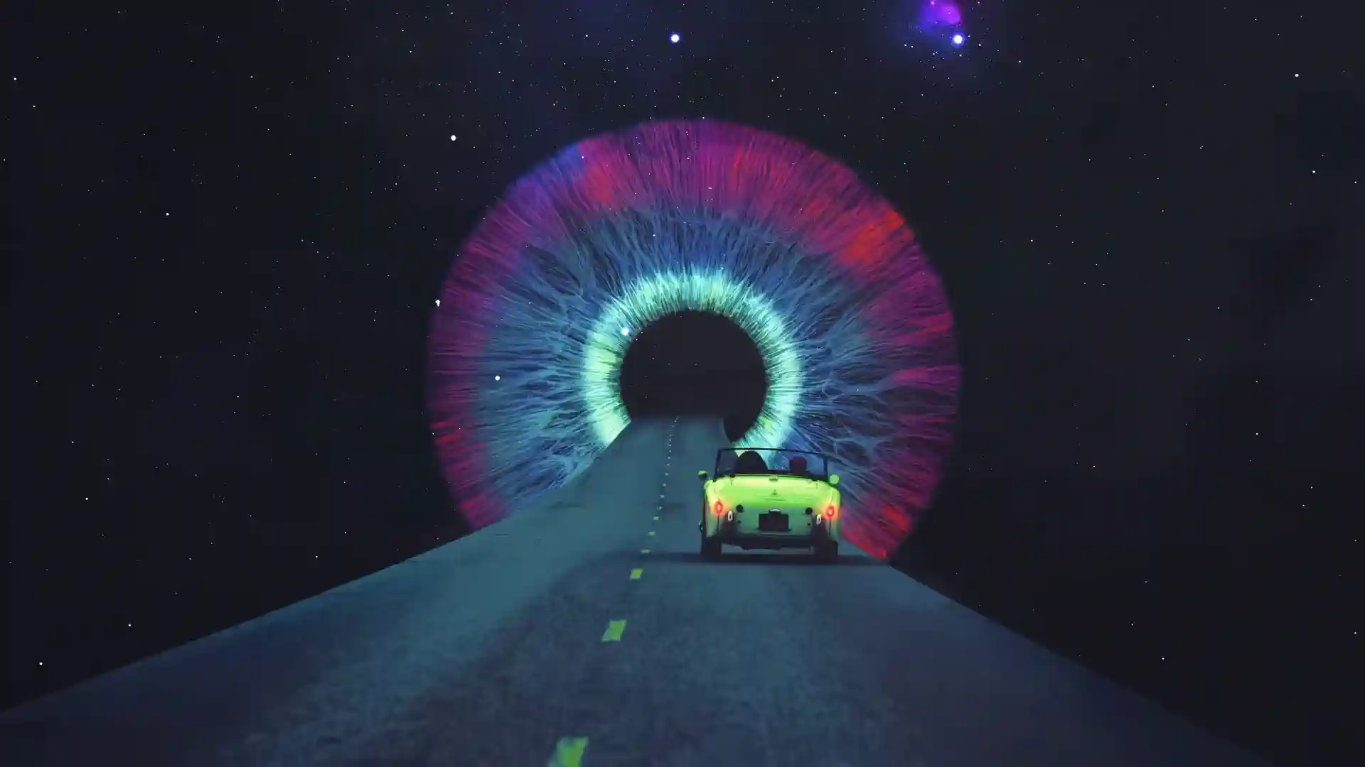 Car driving into a glowing iris