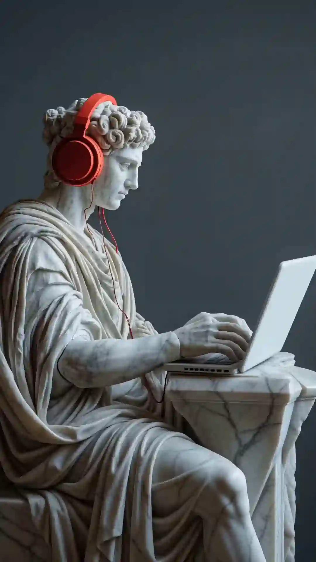 Marble bust at a laptop