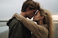 Couple leaning toward each other with warm and affectionate expressions