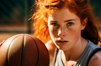 Woman dribbling a basketball, front view