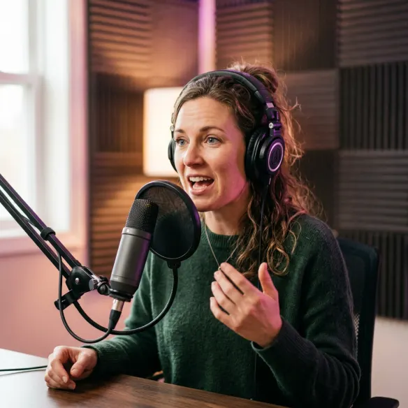Podcaster at a studio microphone