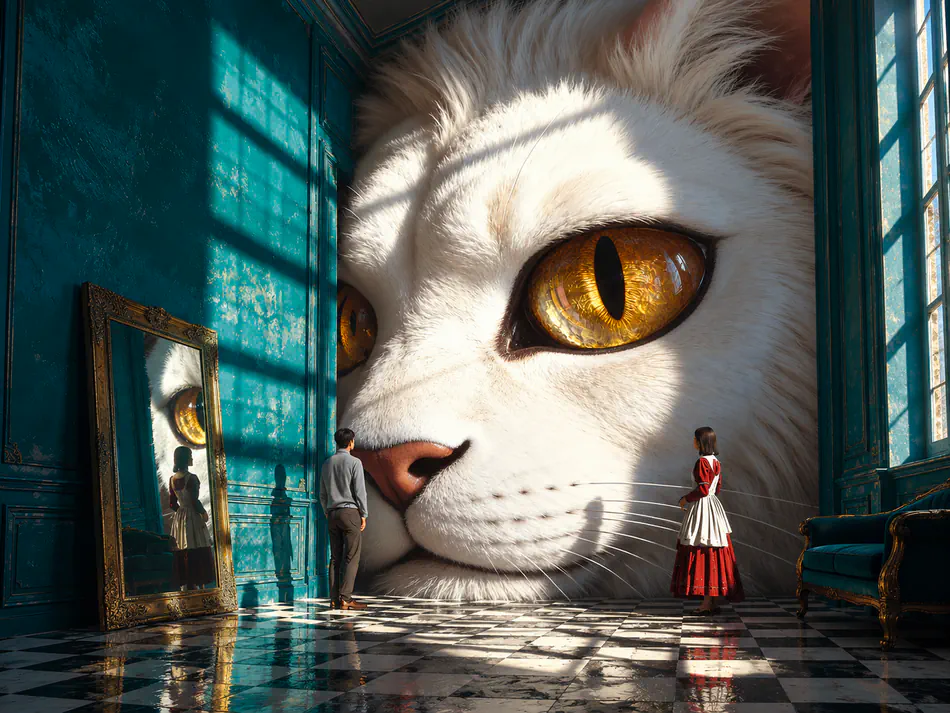 Giant cat in teal room
