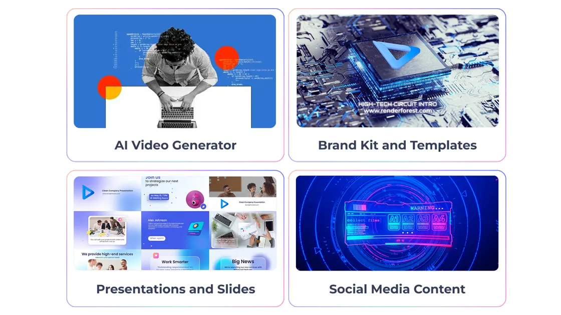 Renderforest cybersecurity content stack — AI video maker, brand kit, compliance training and tech explainers in one platform