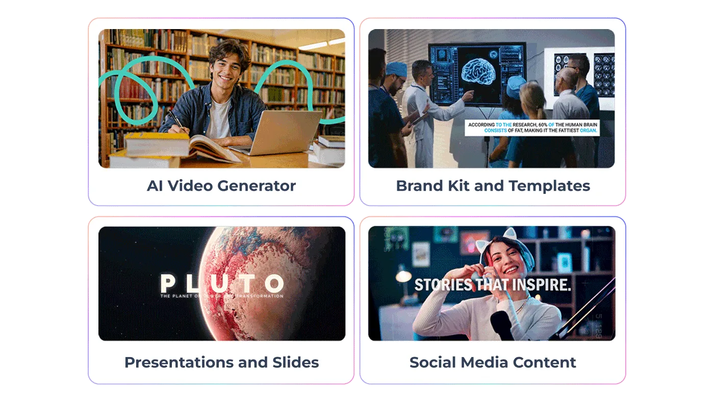 Renderforest educational content stack — AI video generator, brand kit, course modules, and tutorials in one platform