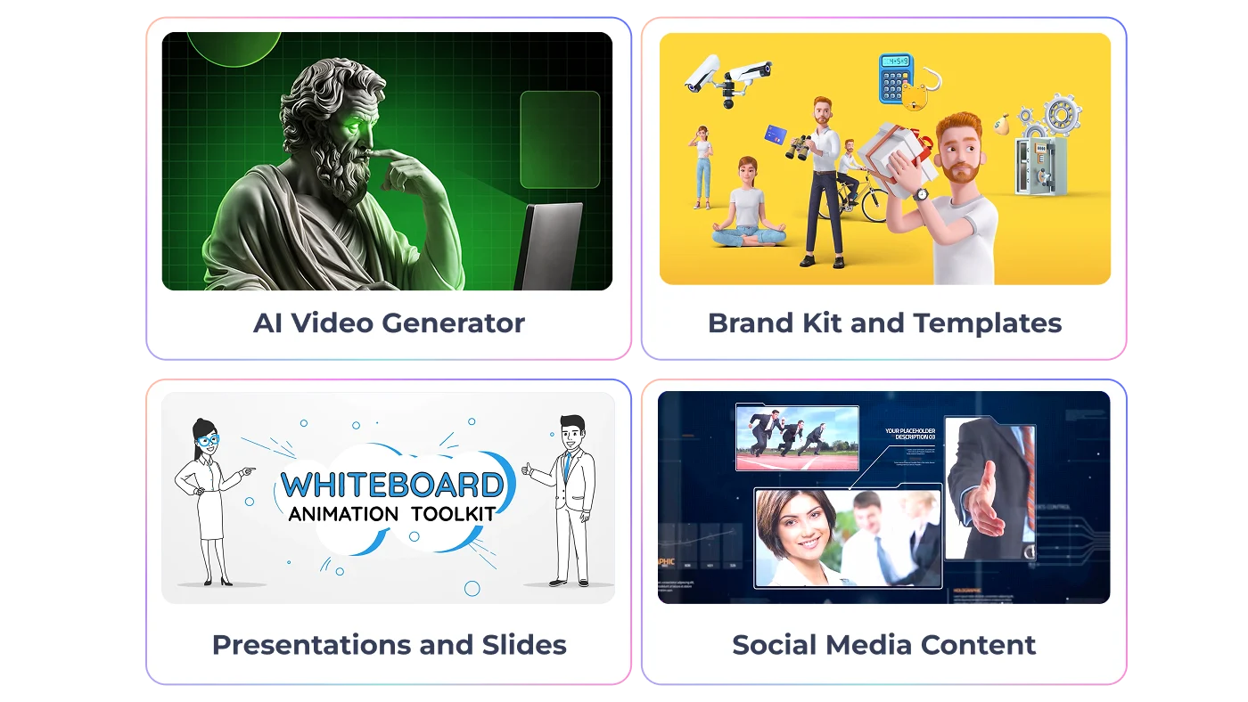 Renderforest L&D content stack — AI video platform, brand kit, multilingual voiceovers, and LMS-ready exports