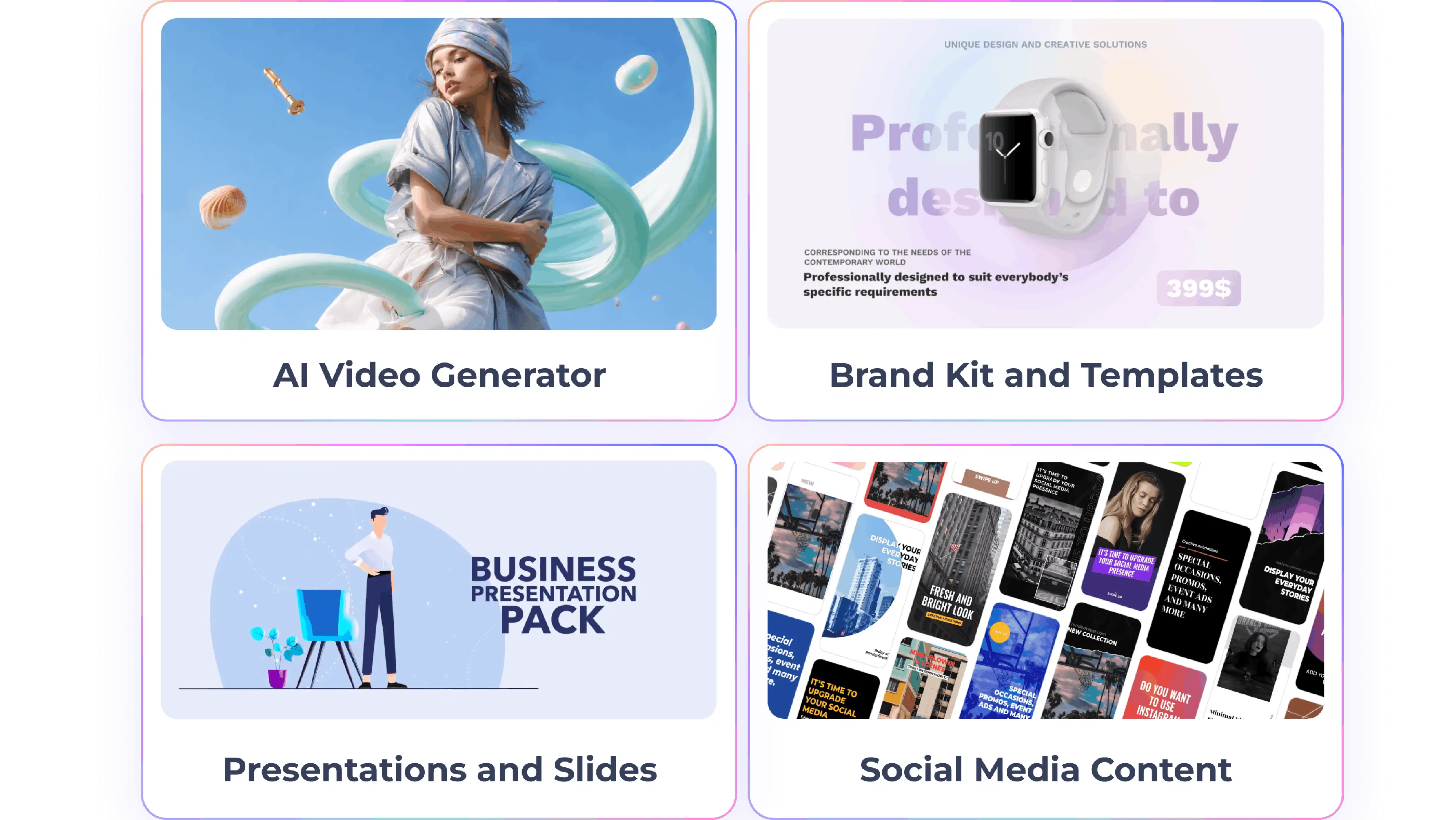 Renderforest sales content stack — AI video maker, brand kit, outreach, and pitch decks in one platform