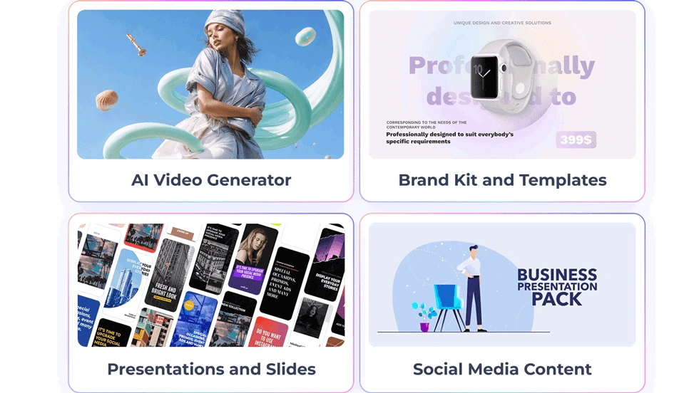 Renderforest sales content stack — AI video maker, brand kit, outreach, and pitch decks in one platform