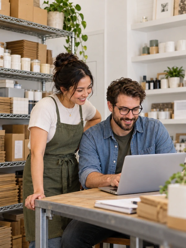 Shop owners at laptop